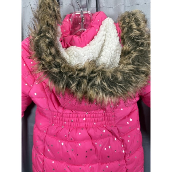 Girls Toddler Jacket 4T Pink Cozy Puffer Hooded Faux Fur Sherpa Lined Stars - Picture 4 of 6